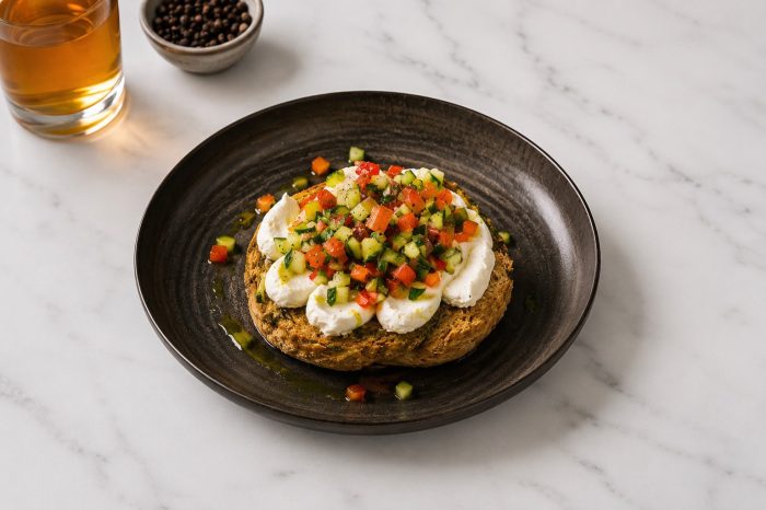 Brunch toast with fresh vegetables at L’Amiral restaurant in Plaka, Athens