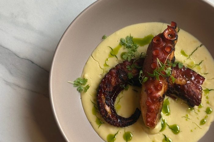 Grilled octopus with fava purée at L’Amiral restaurant in Plaka, Athens