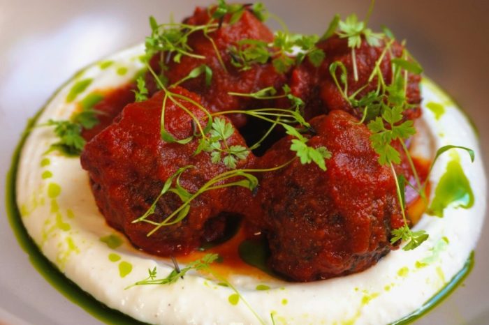Beef meatballs with tomato sauce and feta mousse at L’Amiral restaurant in Plaka, Athens